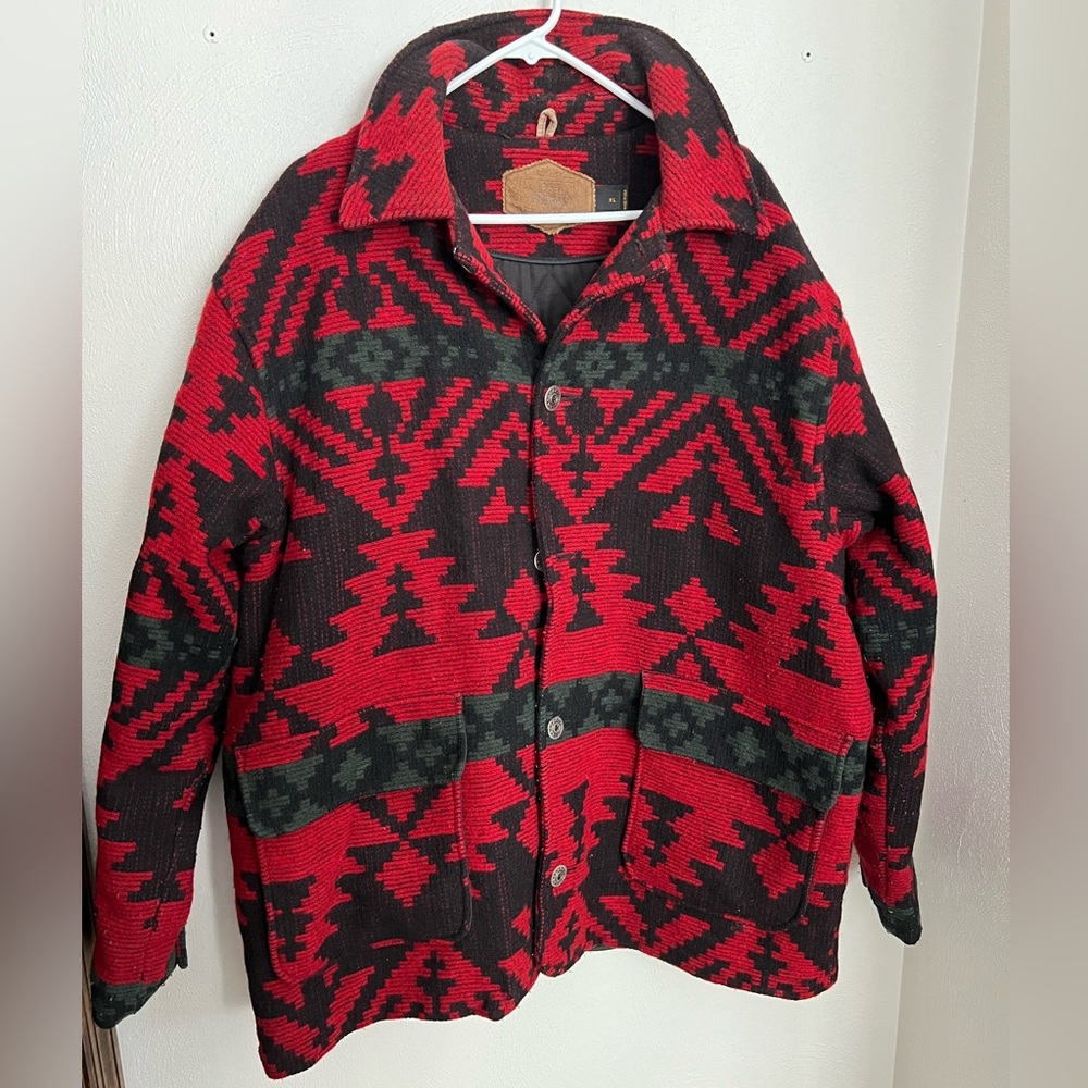 Woolrich Red and Black Geometric Patterned Wool Coat